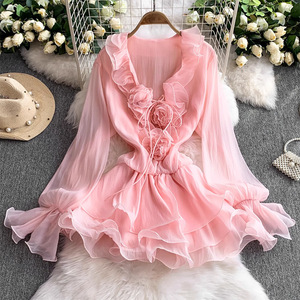 <span class=keywords><strong>Vestido</strong></span> <span class=keywords><strong>Corto</strong></span> <span class=keywords><strong>de</strong></span> Verano Elegante con Cuello en V y Volantes, Estilo Princesa Vintage <span class=keywords><strong>para</strong></span> Mujer, Nuevo 2025 - Product Image 1