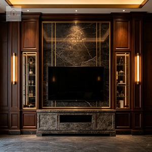 XINGRUO Set di Mobili <span class=keywords><strong>TV</strong></span> Contemporanei su Misura, Pannello in Pietra Integrato Beige Crema, Set Console Multimediale di Lusso Personalizzato - Product Image 2