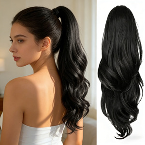 Nouvelle Tendance Extensions <span class=keywords><strong>de</strong></span> Cheveux <span class=keywords><strong>Queue</strong></span> <span class=keywords><strong>de</strong></span> <span class=keywords><strong>Cheval</strong></span> Ondulées en Fibre Synthétique Haute Température Noire Naturelle Réglable avec Cordon <span class=keywords><strong>de</strong></span> Serrage 26 pouces - Product Image 4