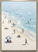 Tableau mural encadré style impasto, motif ciel bleu ensoleillé et plage de surf, décoration thème littoral pour famille, complexe hôtelier, club de plage, villa de location