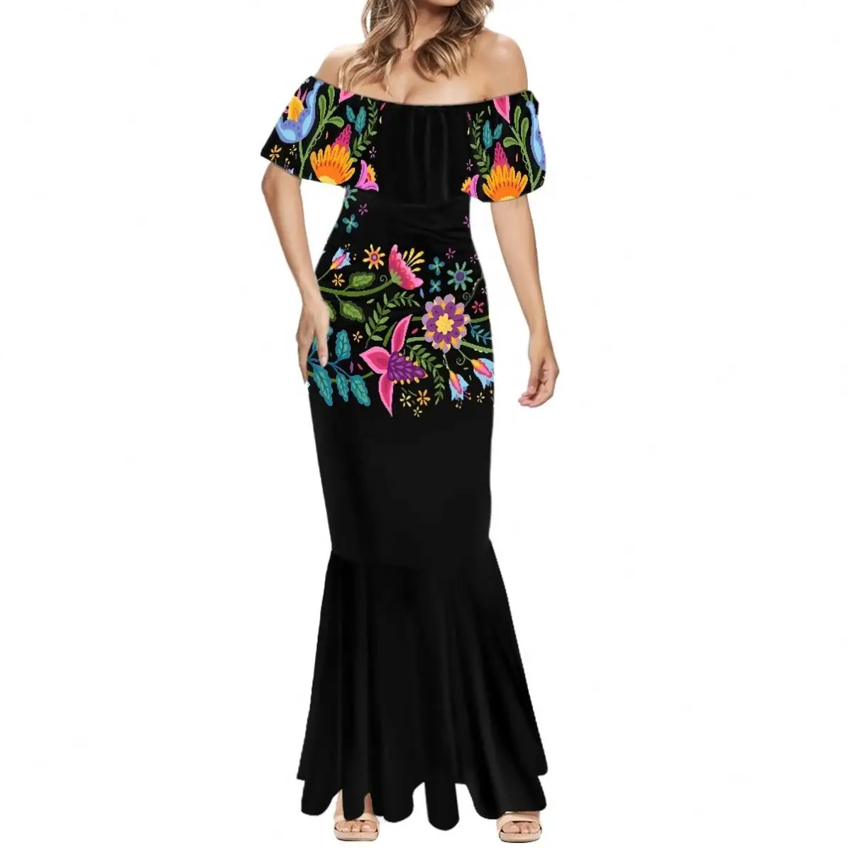 Fora do ombro Vestidos Bordados para Design Mexicano Vestuário Plus Size Cocktail Dress Formal Elegante Fishtail Drop Shipping