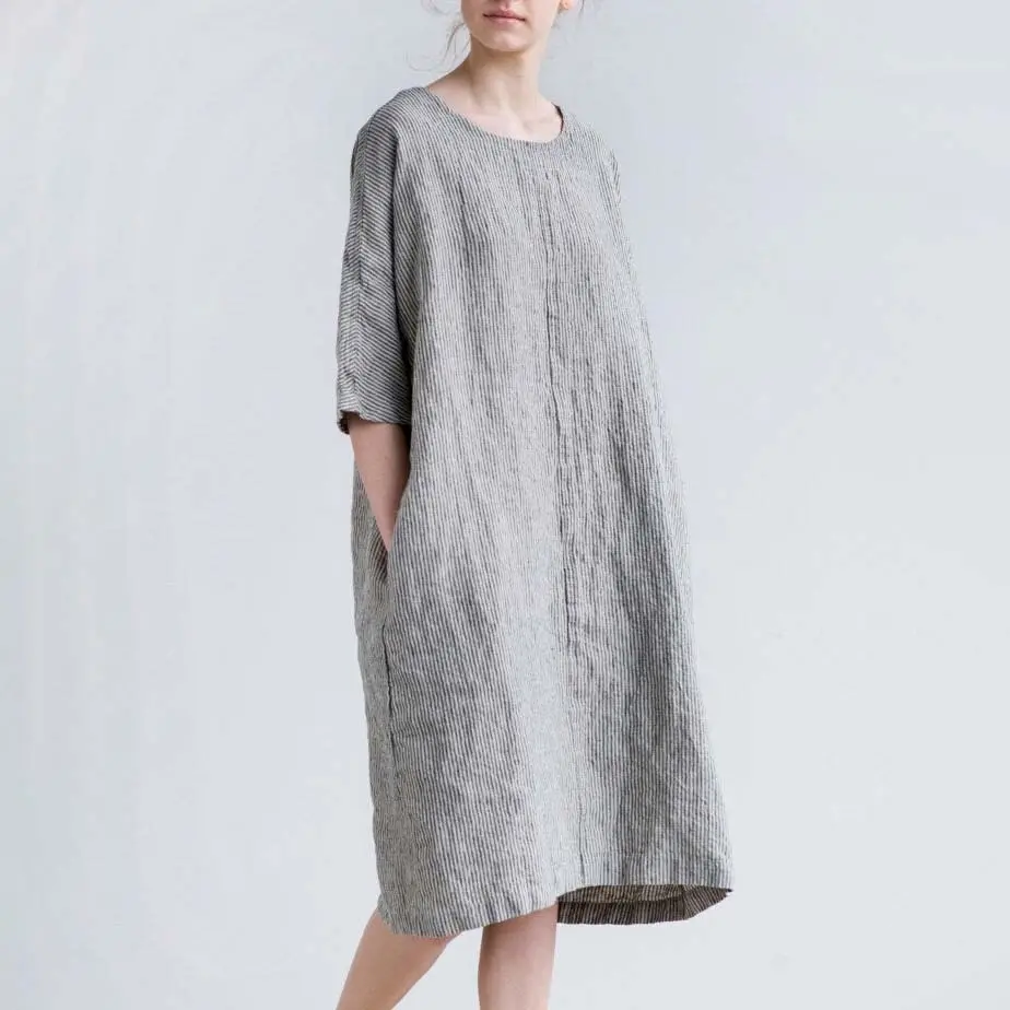 Özel yaz 2023 artı boyutu şerit yumuşak pamuklu keten bol elbise Vestido kadın Robe Midi çizgili boy keten tunik