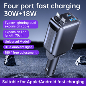 Chargeur de voiture rétractable 4 en 1 réglable à 180 degrés, charge rapide PD, câbles doubles USB Type C pour iPhone Samsung, accessoires de voiture - Product Image 1