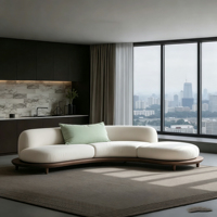 Canapé modulaire incurvé en tissu crème avec base en bois massif, canapé moderne pour salon d'appartement urbain