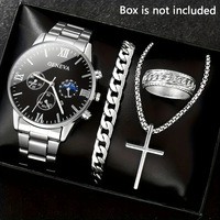 Ensemble de montres à quartz de luxe pour hommes d'affaires avec calendrier et bracelet en acier, montre-bracelet décontractée pour cadeaux d'entreprise
