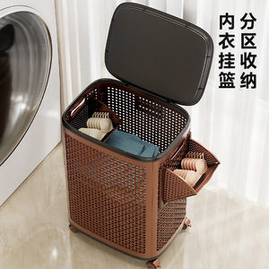 Laundry <b>Basket</b> Covered <b>Storage</b> <b>Large</b> Size With Wheels For Home Bathroom Bedroom Clothing Organizer Eco Friendly Rectangle - Product Image 4