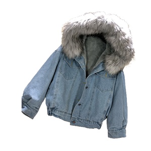 Stile occidentale aderente aderente grande colletto procione da Cowboy Parka foderato in pelliccia di volpe giacca di Jeans cappotto da donna - Product Image 1