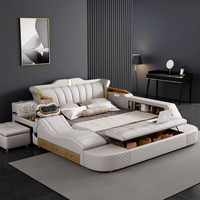 Lit intelligent en cuir de luxe moderne, multifonctionnel, taille king, avec rangement, commode, appui-tête inclinable, cadre en bois sécurisé, fonction de massage