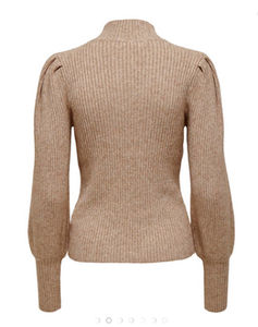 Pull en maille côtelée à col montant pour femme, à manches longues, en maille torsadée, avec manches bouffantes, coupe classique - Product Image 3