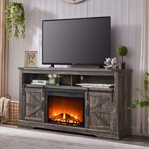 SENYU Meuble TV de salon avec foyer électrique, porte coulissante style grange, centre de divertissement en bois, insert de cheminée électrique, style ferme moderne - Product Image 3