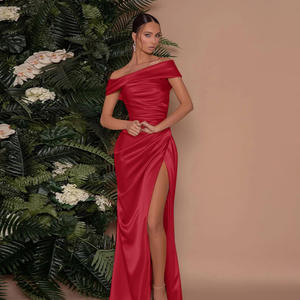 2025 Mulheres Cetim Fora Do Ombro Lado Sexy Alta Dividir Ruched Cintura Ruffles Prom Formal Evening Party Mulheres Maxi Vestidos - Product Image 3