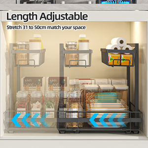 Organisateur rétractable sous l'évier, longueur réglable, tiroir <span class=keywords><strong>coulissant</strong></span>, <span class=keywords><strong>panier</strong></span> de rangement en métal - Product Image 4