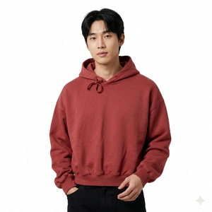 Oversized Cotton Hooded Sweatshirt <b>Men</b> Solid Color Casual French Terry Pullover Red Autumn Wear - Product Image 2