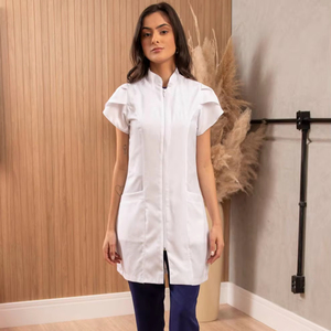 Chaqueta de uniformes de enfermera de manga corta tejida para laboratorio médico con cremallera de dos bolsillos Beige para mujer para laboratorios de hospitales - Product Image 1