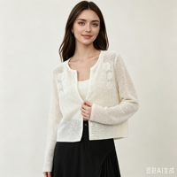 Cardigan blanc ajouré en tricot pour femme, broderie florale, devant ouvert, manches longues, coupe courte, veste décontractée en tricot, pull, manteau