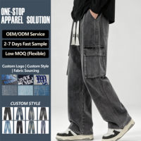 Vente en gros de jeans droits amples pour hommes, 14 oz, en denim délavé, style streetwear, pantalons cargo avec logo personnalisé pour hommes
