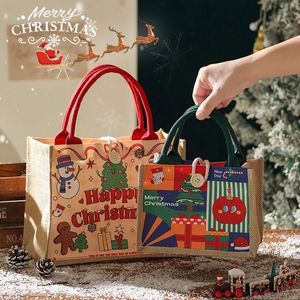 Christmas Wholesale Custom Logo Jute Blend <b>Gift</b> With <b>Red</b> Handle and Wooden Button Festive Promotional <b>Bag</b> - Product Image 1