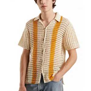 Design personnalisé pour hommes été évider bouton Up pull en tricot à manches courtes Cardigan tricots Polo T-shirt tricoté au crochet chemise