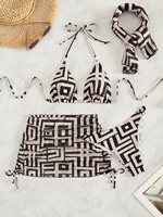 Ensemble de maillot de bain 4 pièces à imprimé géométrique, comprenant un soutien-gorge triangle à bretelles, une culotte de bain, une jupe de plage et un bandeau, pour l'été et la plage