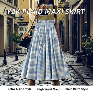 Women's A-Line Plaid <b>Skirt</b> <b>Elastic</b> Waist Knee-Length Cotton Woven Casual Pleated With Pockets All Seasons - Product Image 2