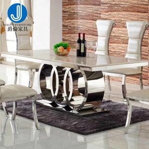 Mesa de comedor de acero inoxidable, moderna, de lujo, con mármol blanco y plateado - Product Image 4