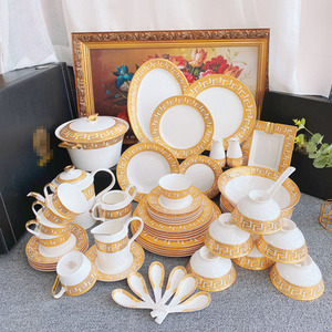 Service de table de luxe nordique doré, vaisselle en porcelaine fine européenne, coffret cadeau, vente chaude, ensemble marron de 58 pièces pour 6 personnes - Product Image 1