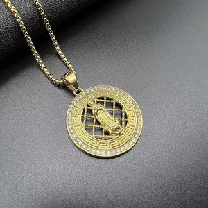 yunnique Stainless Steel Round Pendant Necklace With Rhinestone Inlay Geometric Design Unisex Hip Hop Jewelry Gift - Product Image 2