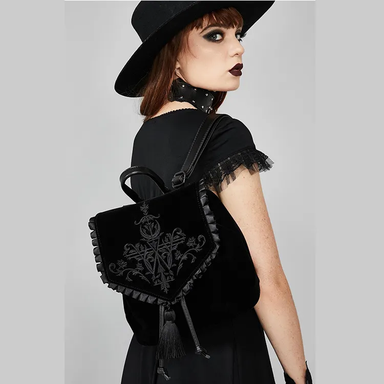 Mochila de estilo Harajuku para mujer, morral de terciopelo negro con bordado mágico gótico de bruja, estilo Punk Rock