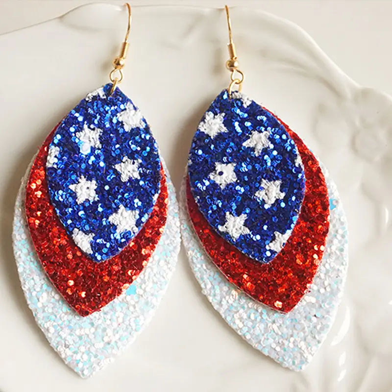 Dreifach geschichtetes Glitzerleder Unabhängigkeit Erinnerungstag-Ohrringe für Damen USA patriotisches Rotweißblau Kunstleder-Ohrringe