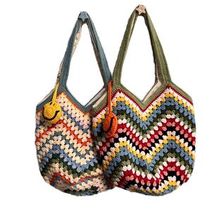 100% Hand-Crocheted Women's Grandmother Bag Creative Sweet Crochet Rainbow Wavy <b>Basket</b> Accessory Handbag Two Straps Open Closure - Product Image 1