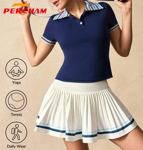 卸売新スタイルレディースストライプ半袖カジュアルフィットネススポーツポロシャツカスタムロゴOEMゴルフフィットネスジムスポーツウェア - Product Image 1