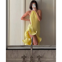 Nouvelle Robe Longue Jaune Romantique Halter pour Femme 2026 – Tendance Printemps, Tricot Côtelé, Volants, Fente Haute, Coupe Ajustée
