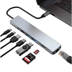 Estación de acoplamiento usb tipo c a RJ45 PD, hub distribuidor de aleación de aluminio, 8 en 1