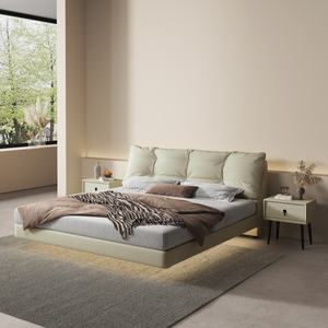 Lit Yisi moderne de luxe avec <span class=keywords><strong>dossier</strong></span> en cuir souple <span class=keywords><strong>suspendu</strong></span>, cadre en <span class=keywords><strong>bois</strong></span> massif, taille Queen/King, sommier en acier inoxydable - Product Image 5