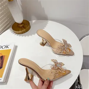 2023 Summer New Style Simple Sexy Fashion Transparent Bow Knot Wine Cup Heel Sandals Slippers