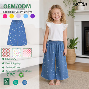 Jeans Larghi per Bambine con Stampa Floreale, Pantaloni a Gamba Larga con Vita Elastica e Orlo Smerlato, Aspetto Denim, Taglia Standard USA OEM ODM - Product Image 1