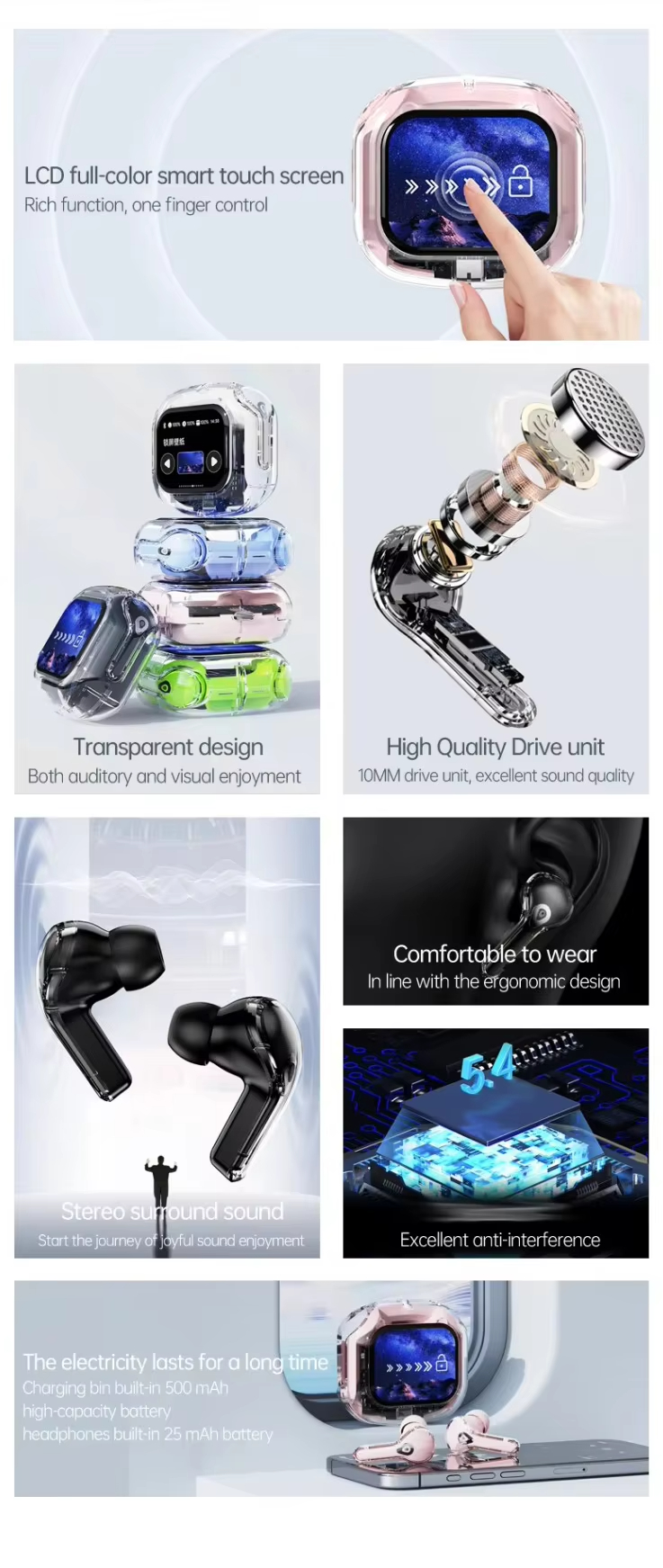 Air Max Q20 TWS Transparent Crystal écran tactile Stereo Bass Live Sound ENC Noise Cancelling sans
