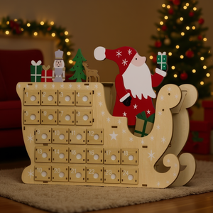 Calendrier de l'Avent en bois avec traîneau du Père Noël et 24 portes, décoration traditionnelle de compte à rebours de Noël pour la maison, affichage festif des fêtes - Product Image 2