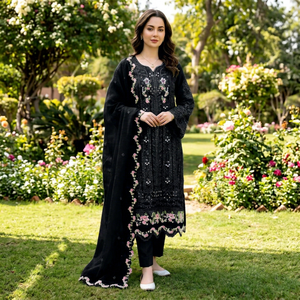 Dhwaja Export - Ensemble semi-couturié en mousseline avec broderie et travail de cristaux Khatli - Product Image 1