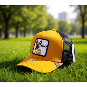 Badboy Trucker Hat Yellow Mesh 6-Panel Adjustable Unisex Casual <b>Cap</b> With <b>Dog</b> Embroidery Front Panel Design - Product Image 2