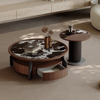 Ensemble de tables basses rondes gigognes en marbre avec plateau en noyer et tiroir de rangement, table d'appoint 2-en-1, style moderne et minimaliste pour villa, chambre d'hôtes, bureau