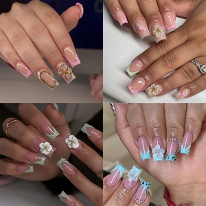 24 <span class=keywords><strong>Uñas</strong></span> Postizas Francesas de Longitud Media con Diseño <span class=keywords><strong>3D</strong></span> de Ondas de Agua y <span class=keywords><strong>Flores</strong></span>, <span class=keywords><strong>Uñas</strong></span> Artificiales con Punta Francesa - Product Image 3