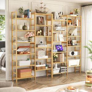 JQ Freestanding Kệ Sách 6-Tier Lớn Mở Tủ Sách Đôi Rộng Tre Kệ Sách Cho Nhà Văn Phòng - Product Image 4