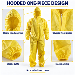 Combinaison jetable jaune à capuche personnalisée en SMS PE composite 74 g/m² avec fermeture éclair recouverte et poignets élastiques pour vêtements de travail en gros - Product Image 2