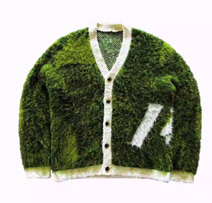 Suéter de Mohair para hombre de Jacquard con cuello en V y manga regular a rayas y logotipo personalizado, cárdigan borroso de otoño - Product Image 1