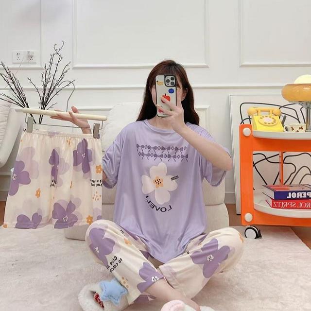 Women's 3 In1 Pajamas Cheap Short Sleeve Pant Shorts 3 Pieces Set Sleepwear Korean Soft Home Nightwear Cartoons Baju Tidur