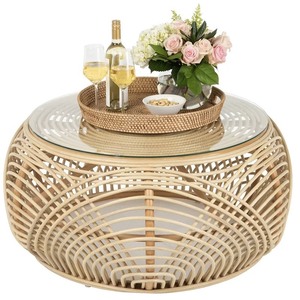 Table basse pour thé style vintage en bois de rotin tissé à la main table d'appoint en rotin décoration de salon mobilier d'intérieur en osier - Product Image 2