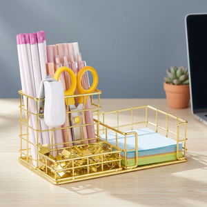 Organisateur de bureau en acier inoxydable doré, panier de rangement à un seul niveau, multifonctionnel pour fournitures de bureau, papeterie, minimaliste - Product Image 2