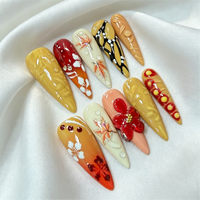 Faux Ongles Press-On Faits Main de Luxe, Longs Stiletto, 10 Pièces, Motif Feuille d'Érable Automne et Fleur 3D, Vente en Gros