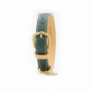 Collar de cuero verde curtido para perro, accesorio suave con acabado de bordes suaves, costura de contraste duradera, anillo de pin de latón con hebilla D - Product Image 1